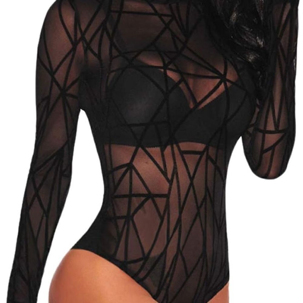 Black Sheer Geometric Mesh Long Sleeve Bodysuit – NWOT – Size S